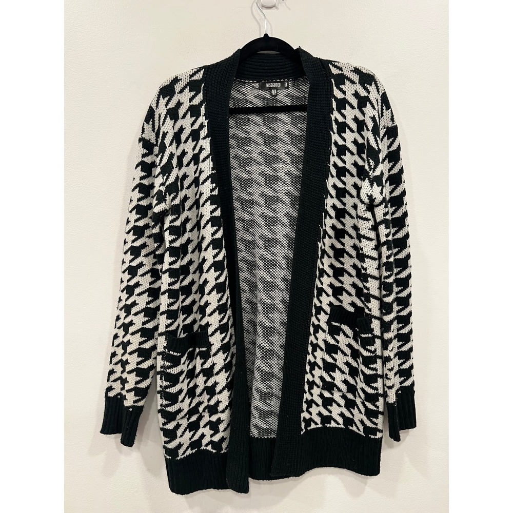 Missguided Houndstooth Cardigan Sweater Women US 6 Black White Open Front